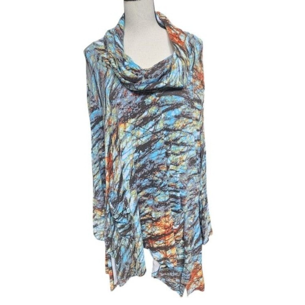 Chelsea & Theodore Blue Multicolor Draped Cowl Neck Blouse